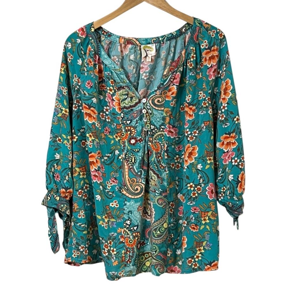 Plus Size Boho Peasant Blouse 2X Rayon Floral Festival Cottagecore Blouse